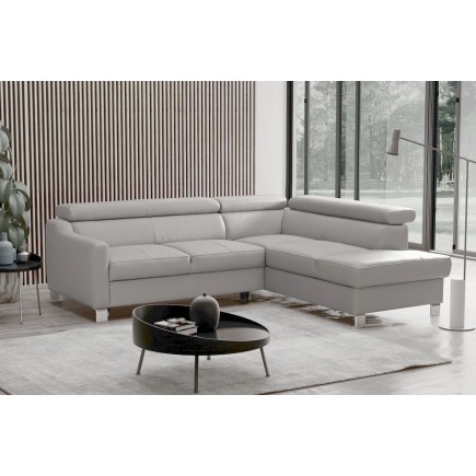 Canapé d'angle convertible en cuir italien de luxe 5 places - ASLAN, avec coffre, gris clair, angle droit (vu de face)