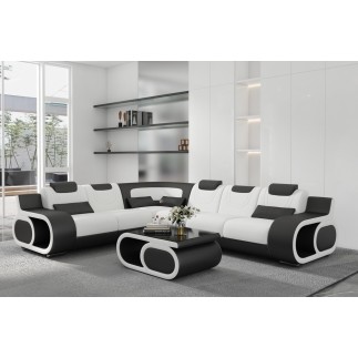 Canapé d'angle en cuir italien 7 places LUXEMBOURG, blanc et noir, angle gauche avec table basse
