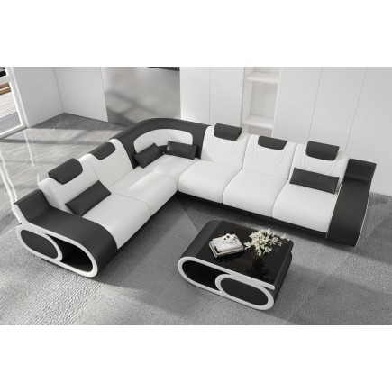 Canapé d'angle en cuir italien 7 places LUXEMBOURG, blanc et noir, angle gauche avec table basse