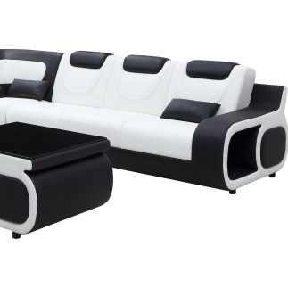 Canapé d'angle en cuir italien 7 places LUXEMBOURG, blanc et noir, angle gauche avec table basse