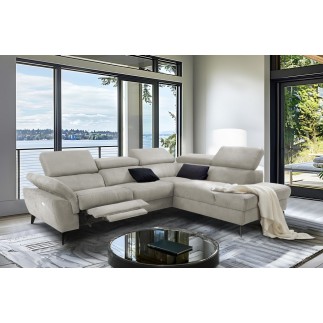 Canapé d'angle avec relax électrique tissu effet grain, 5/6 places SOLARO, beige, angle droit