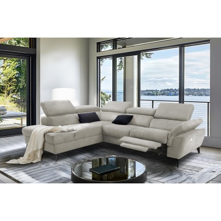 Canapé d'angle avec relax électrique tissu effet grain, 5/6 places SOLARO, beige, angle gauche