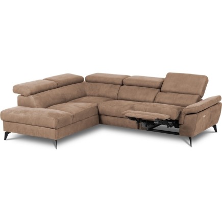 Canapé d'angle avec relax électrique en tissu effet grain, 5/6 places SOLARO, marron, angle gauche