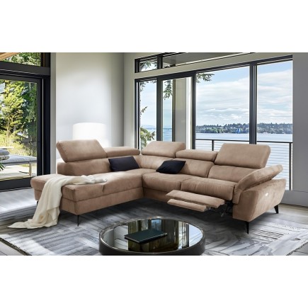Canapé d'angle avec relax électrique en tissu effet grain, 5/6 places SOLARO, marron, angle gauche