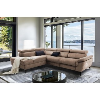 Canapé d'angle avec relax électrique en tissu effet grain, 5/6 places SOLARO, marron, angle gauche