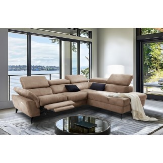 Canapé d'angle avec relax électrique tissu effet grain, 5/6 places SOLARO, marron, angle droit
