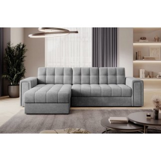 Canapé d'angle convertible, BLENDO en velours Luxe gris, 4 places, angle gauche (vu de face), Gris clair