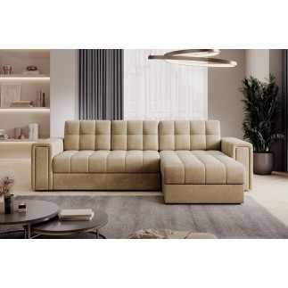 Canapé d'angle convertible, BLENDO - en velours Luxe marron, 4 places, angle droit (vu de face)