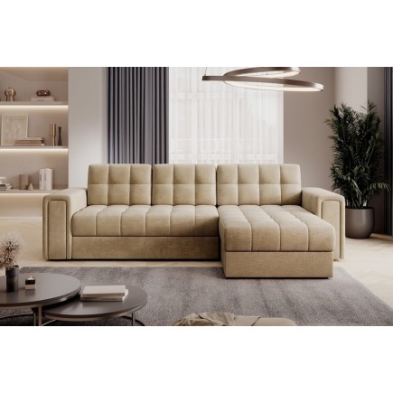 Canapé d'angle convertible, BLENDO - en velours Luxe marron, 4 places, angle droit (vu de face)