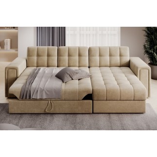 Canapé d'angle convertible, BLENDO - en velours Luxe marron, 4 places, angle droit (vu de face)