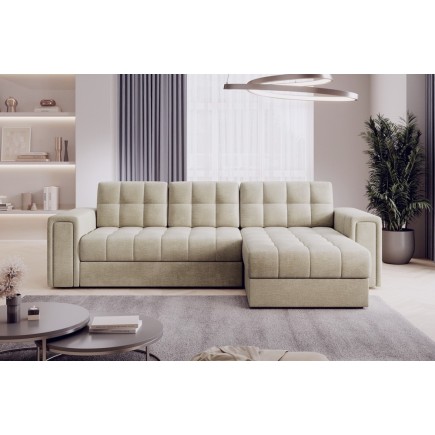 Canapé d'angle convertible, BLENDO - en velours Luxe beige clair, 4 places, angle droit (vu de face)