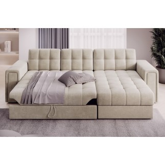 Canapé d'angle convertible, BLENDO - en velours Luxe beige clair, 4 places, angle droit (vu de face)