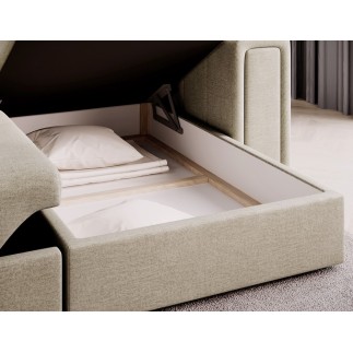 Canapé d'angle convertible, BLENDO - en velours Luxe beige clair, 4 places, angle droit (vu de face)