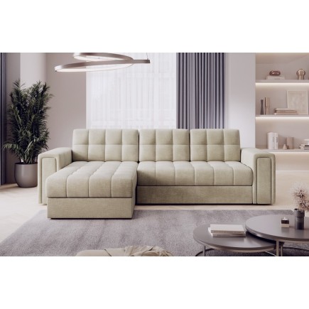 Canapé d'angle convertible, BLENDO en velours Luxe beige clair, 4 places, angle gauche (vu de face)