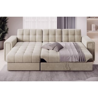 Canapé d'angle convertible, BLENDO en velours Luxe beige clair, 4 places, angle gauche (vu de face)