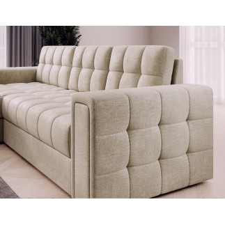 Canapé d'angle convertible, BLENDO en velours Luxe beige clair, 4 places, angle gauche (vu de face)