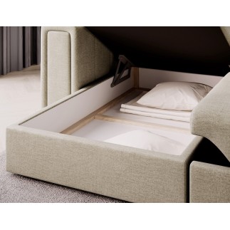 Canapé d'angle convertible, BLENDO en velours Luxe beige clair, 4 places, angle gauche (vu de face)