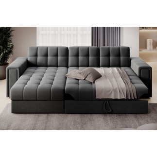 Canapé d'angle convertible, BLENDO en velours Luxe gris foncé, 4 places, angle gauche (vu de face)