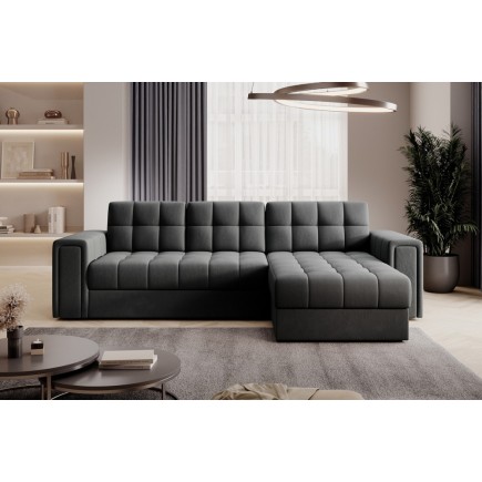 Canapé d'angle convertible, BLENDO - en velours Luxe gris foncé, 4 places, angle droit (vu de face)