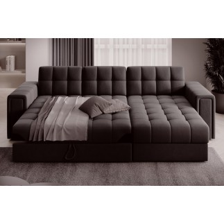 Canapé d'angle convertible, BLENDO - en velours Luxe chocolat, 4 places, angle droit (vu de face)