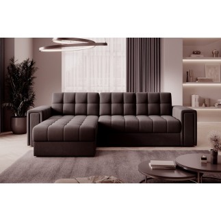 Canapé d'angle convertible, BLENDO en velours Luxe chocolat, 4 places, angle gauche (vu de face)