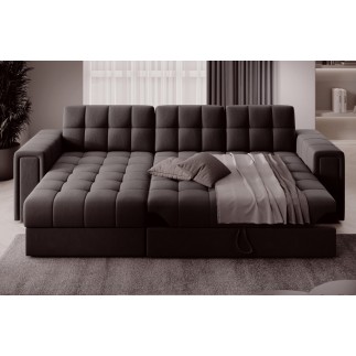 Canapé d'angle convertible, BLENDO en velours Luxe chocolat, 4 places, angle gauche (vu de face)