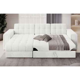 Canapé d'angle convertible, BLENDO en tissu bouclette Luxe - ivoire, 4 places, angle gauche (vu de face)
