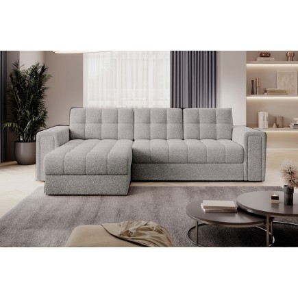 Canapé d'angle convertible, BLENDO en tissu bouclette Luxe - gris, 4 places, angle gauche (vu de face), Gris clair