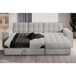 Canapé d'angle convertible, BLENDO en tissu bouclette Luxe gris clair, 4 places, angle droit (vu de face)