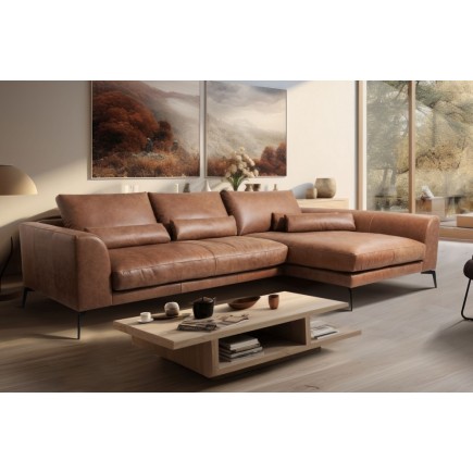 Canapé d'angle BERRY en 100% TOUT cuir italien de prestige, marron, angle droit, 5 places
