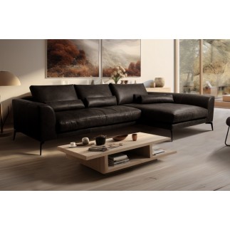 Canapé d'angle BERRY en 100% TOUT cuir italien de prestige, noir, angle droit, 5 places