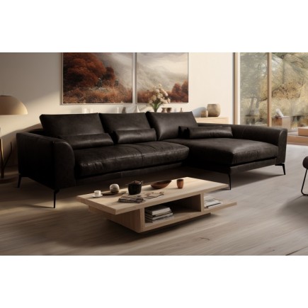 Canapé d'angle BERRY en 100% TOUT cuir italien de prestige, noir, angle droit, 5 places