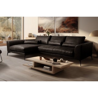Canapé d'angle BERRY 100% TOUT cuir italien de prestige, noir, angle gauche, 5 places