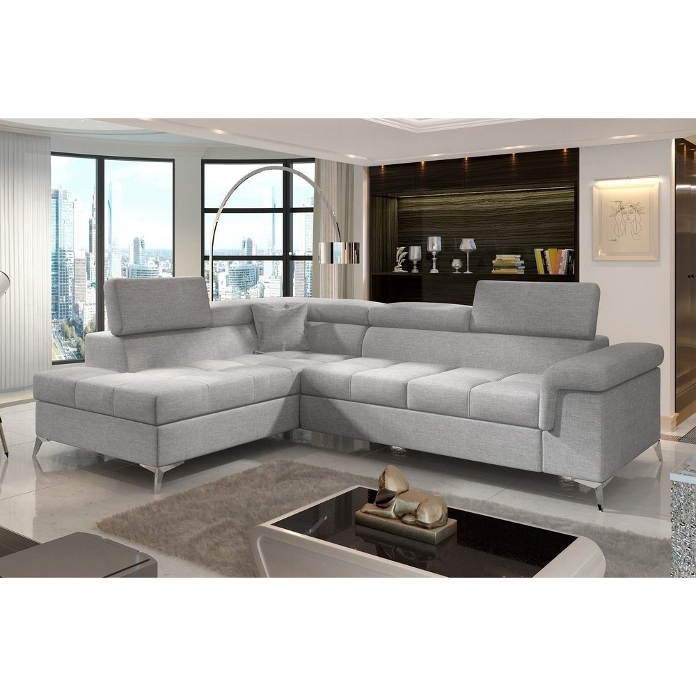 - Canapé d'angle convertible - ERNEST - en tissu luxe 5 places, gris, angle gauche (vu de face) - Canapé d'angle convertible - ERNEST - en tissu luxe 5 places, gris, angle gauche (vu de face)