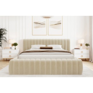 Lit double avec coffre CARINO VELOURS de qualité luxe capitonné, beige clair, 180x200