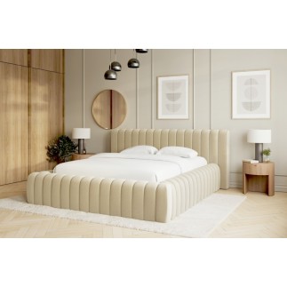 Lit double avec coffre CARINO VELOURS de qualité luxe capitonné, beige clair, 140x200