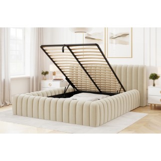 Lit double avec coffre CARINO VELOURS de qualité luxe capitonné, beige clair, 160x200