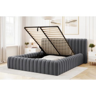 Lit double avec coffre CARINO VELOURS de qualité luxe capitonné, grs foncé, 180x200