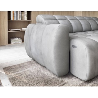 Canapé d'angle profondeur réglable FASANO velours Luxe gris clair, 5 places, angle droit (vu de face)