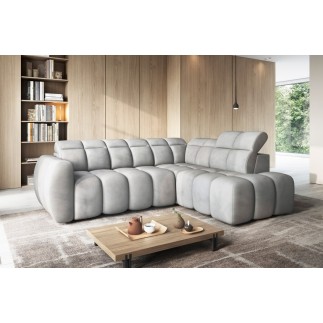 Canapé d'angle profondeur réglable FASANO velours Luxe gris clair, 5 places, angle droit (vu de face)