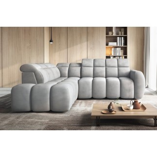 Canapé d'angle profondeur réglable FASANO velours Luxe gris clair 5 places, angle gauche (vu de face)