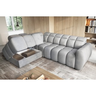 Canapé d'angle profondeur réglable FASANO velours Luxe gris clair 5 places, angle gauche (vu de face)