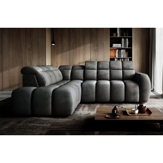 Canapé d'angle profondeur réglable FASANO velours Luxe gris foncé 5 places, angle gauche (vu de face)