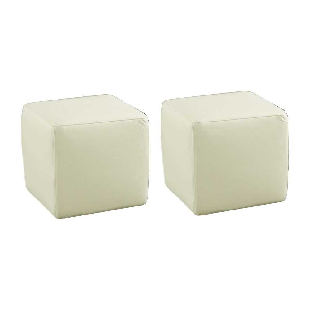 Ensemble de 2 poufs carrés en cuir, écru. Ensemble de 2 poufs carrés en cuir, écru.