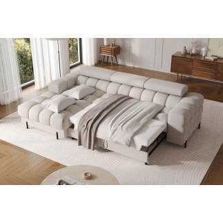 Canapé d'angle convertible FELIX en tissu bouclette beige, 5 places, angle gauche (vu de face)