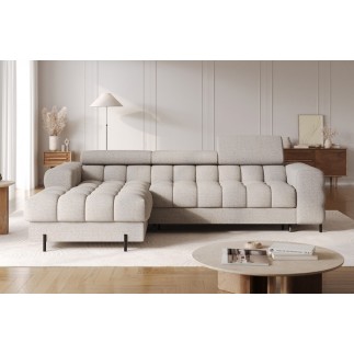 Canapé d'angle convertible FELIX en tissu bouclette taupe, 5 places, angle gauche (vu de face)