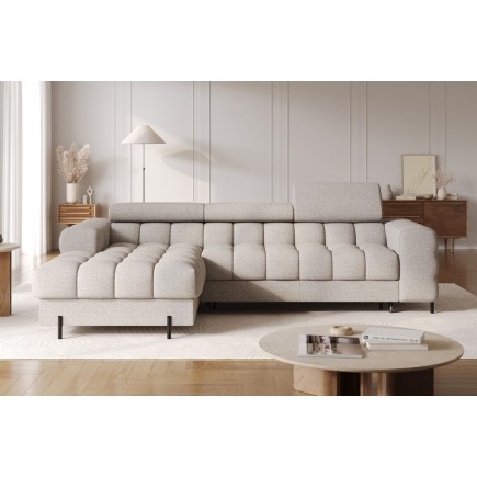 Canapé d'angle convertible FELIX en tissu bouclette taupe, 5 places, angle gauche (vu de face)