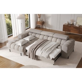 Canapé d'angle convertible FELIX en tissu bouclette taupe, 5 places, angle gauche (vu de face)