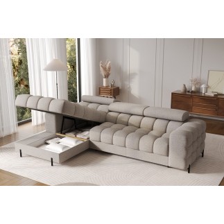 Canapé d'angle convertible FELIX en tissu bouclette taupe, 5 places, angle gauche (vu de face)