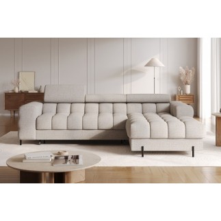 Canapé d'angle convertible FELIX tissu bouclette taupe, 5 places, angle droit (vu de face)